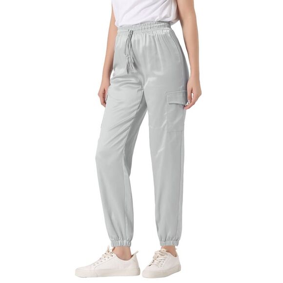 Satin Joggers Drawstring Elastic High Waist Shiny Silky Cargo Pants Light Grey - Picture 1 of 6
